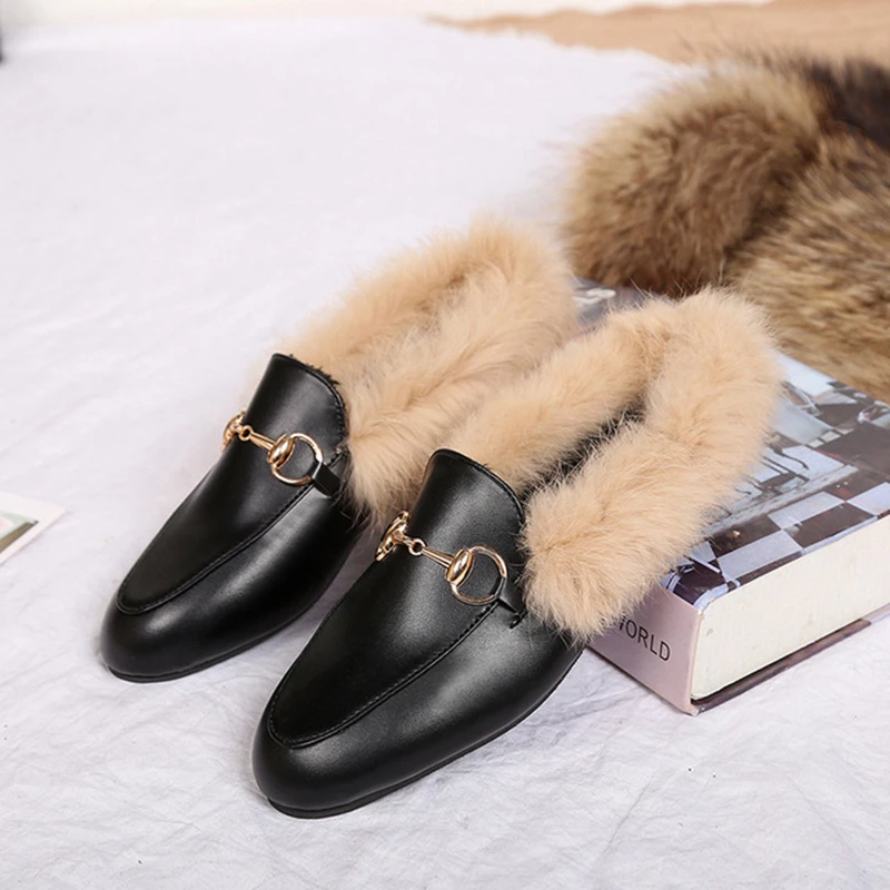 

2020 autumn winter wear new flat bottom single shoes plus velvet One-legged rabbit fur shoes female Comfortable casual shoes