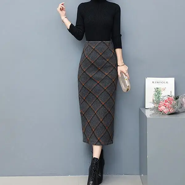 

2019 Autumn Winter Long Warm Skirts For Women Elegantes Faldas Largas High Waist Plaid Pencil Long Warm Skirt Wool Skirt DF949