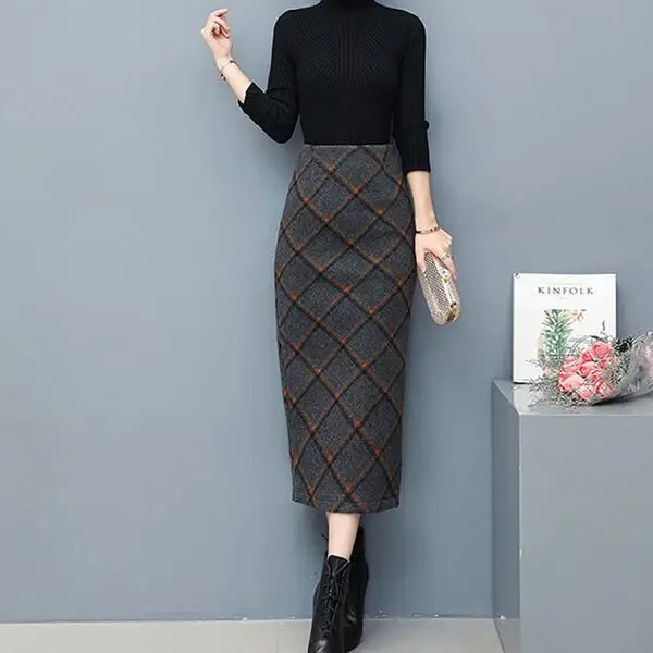 2019 Otoño Invierno Faldas cálidas para mujeres Elegantes Largas de cintura alta a cuadros lápiz Falda larga cálida falda de lana DF949|Faldas| - AliExpress