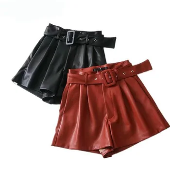 

2020 Women Black Orange High Quality Winter Loose PU Shorts Color PU Leather High Waist with Belt Wide Leg Faux Leather Shorts