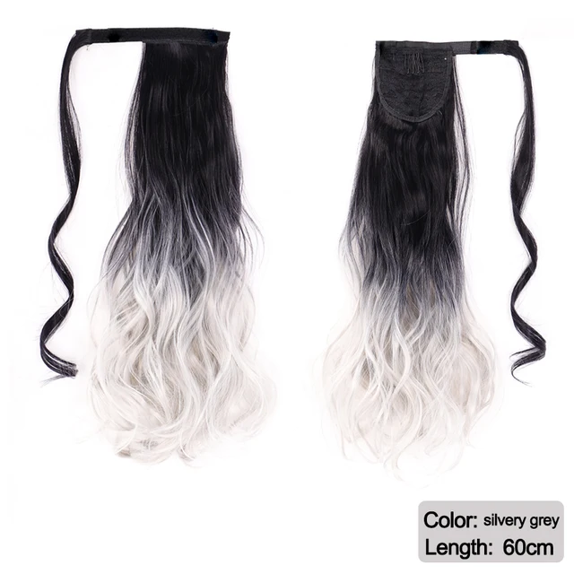 DIANQI Synthetic Corn Wavy Long Curly Ponytail Hairpiece Wrap on Clip Hair Extensions Black Pony Hair silvery grey