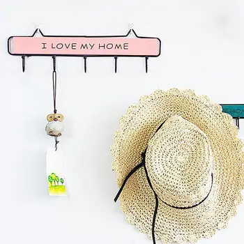 

4/5 Hooks Rustic Wooden Metal Wall Hook I Love My Home Decorative Cloth Hat Rack Hanger Wall Hanger Space-saving towel hat cloth