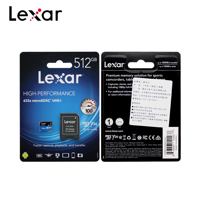 Lexar 100 МБ/с./с 512 Гб Micro SD карта 32 Гб 64 Гб 128 ГБ 256 ГБ SDXC/SDHC флэш-карта памяти TF карта для Gopro/nintendo переключатель/мобильный телефон