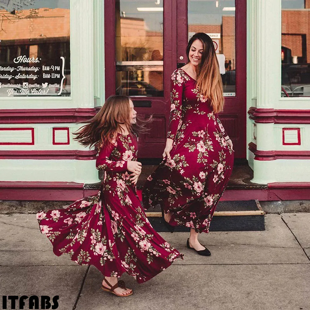 Mother and Daughter Casual Long Sleeve O Neck Boho Floral Printed Maxi Dress Mommy&Me Matching Outfits