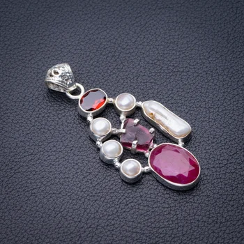 

StarGems Natural Cherry Ruby,Amethyst,Garnet And Biwa Pearl Handmade 925 Sterling Silver Pendant 2" D6439