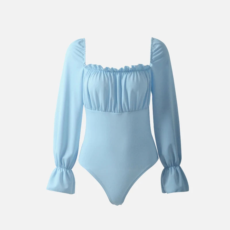 light blue Пикантные женские боди в стиле Лолиты на шнуровке с квадратным воротником; комбинезон с длинными расклешенными рукавами; боди для женщин; коллекция года; сезон лето-осень; синий комбинезон - Цвет: light blue