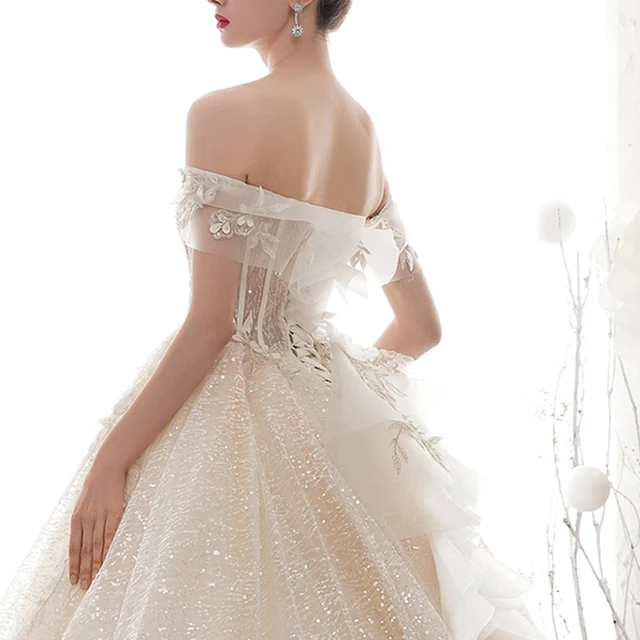 LDR24 Off-shoulder Light Wedding Dress 2021 Bridal Simple Graceful Trailing Applique Print Shiny Women's Slim-fit Wedding Gown 6