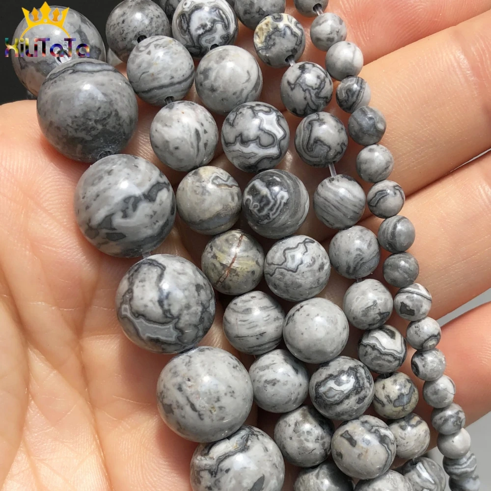 Natural Stone Beads Grey Map Jaspers Round Loose Beads For Jewelry DIY Making Bracelet Accessories 15'' Pick Size 4 6 8 10 12mm