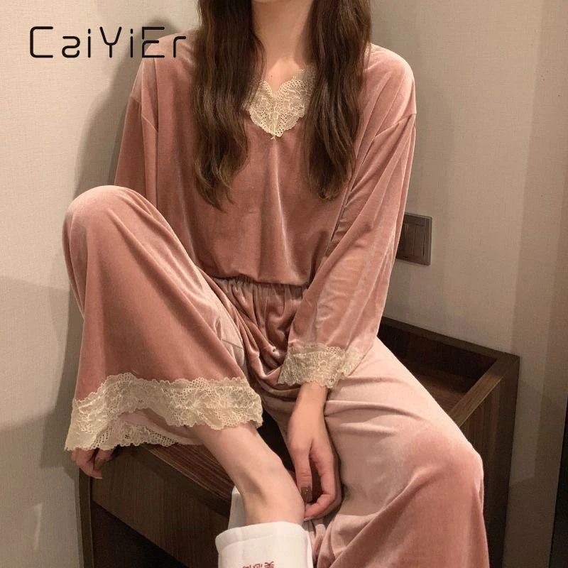 Весенний женский пижамный комплект CAIYIER корейские сексуальные кружевные брюки с
