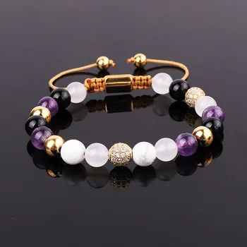 Jaravvi High Quality 8mm Natural Stone Amethyst Howlite Beads Braided Friendship Macrame Bracelet For Women