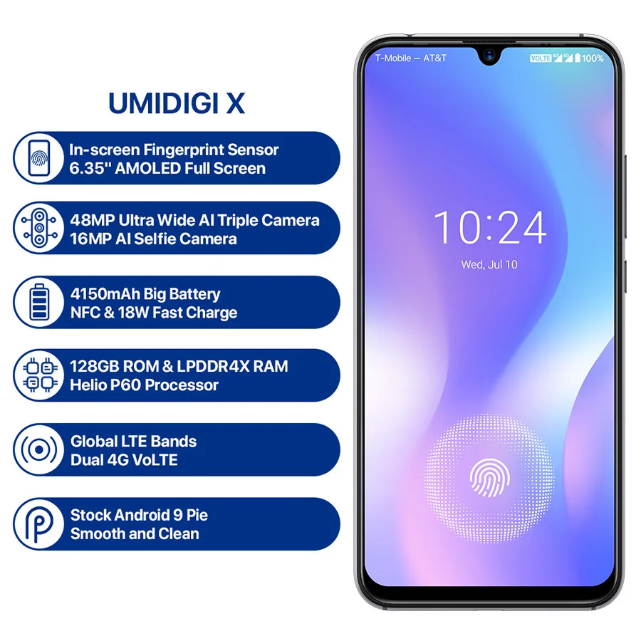 UMIDIGI X экран отпечатков пальцев 6,35 AMOLED дисплей глобальная версия 48MP Тройная задняя камера 128 ГБ 4 ГБ Helio P60 4150 мАч мобильный телефон