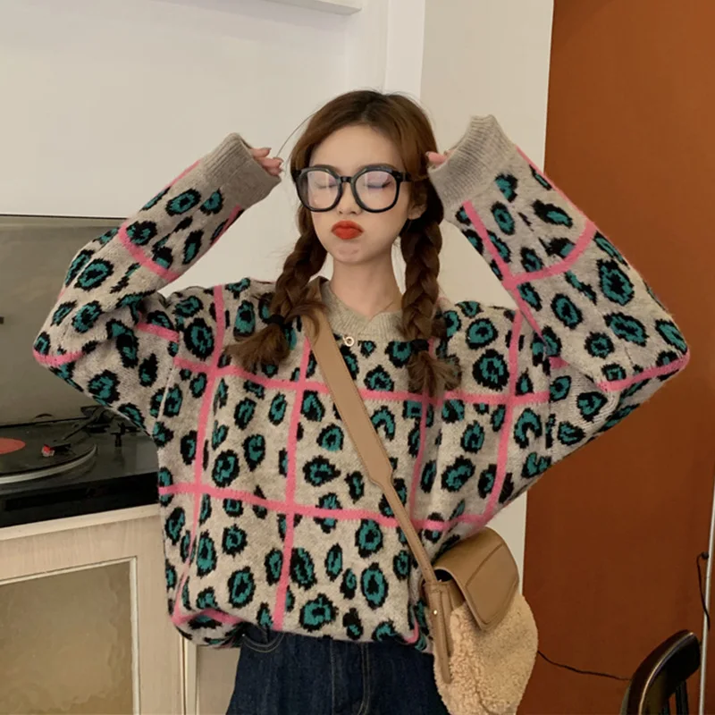 Женский корейский Harajuku Повседневный свободный Леопардовый полосатый свитер женские свитера японская кавайная теплая одежда горячая распродажа