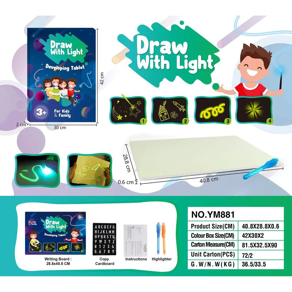 Draw With Light Fun Drawing Board Luminous Board Children'S Glowing Magic Graffiti Painting Board Children'S Drawing Board Pen - Color: A5