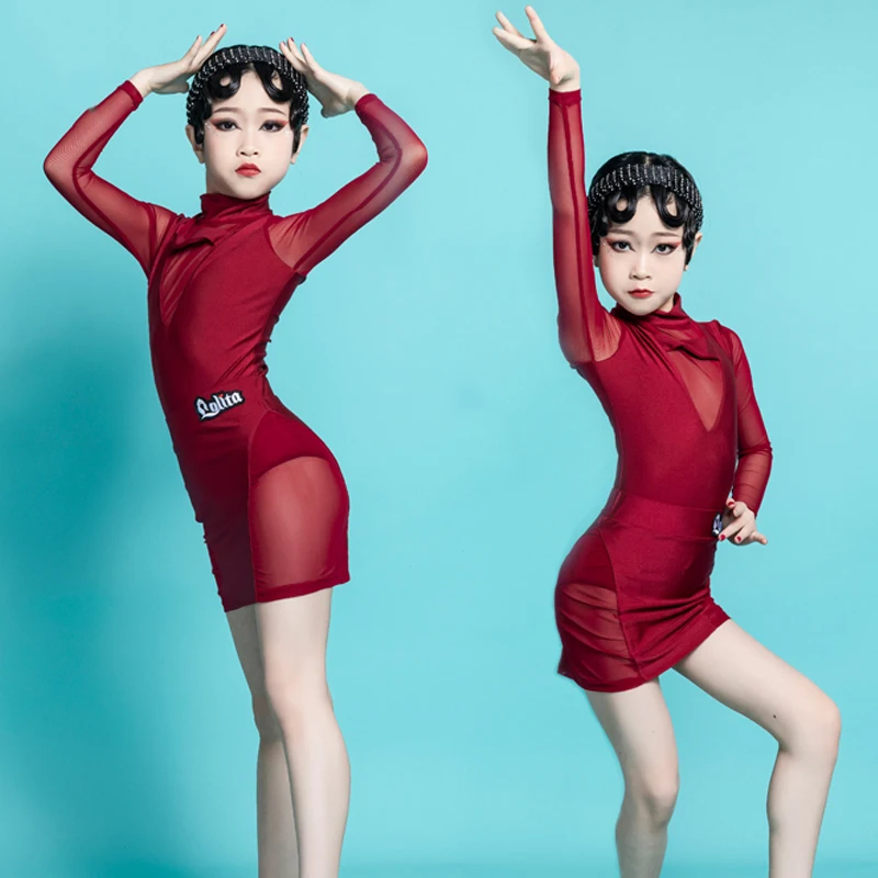 

Latin Dance Clothes Girls Mesh Long Sleeve Tango Salsa Dancing Suit Outfit Practice Clothing Stage Performance Dancewear YS1262