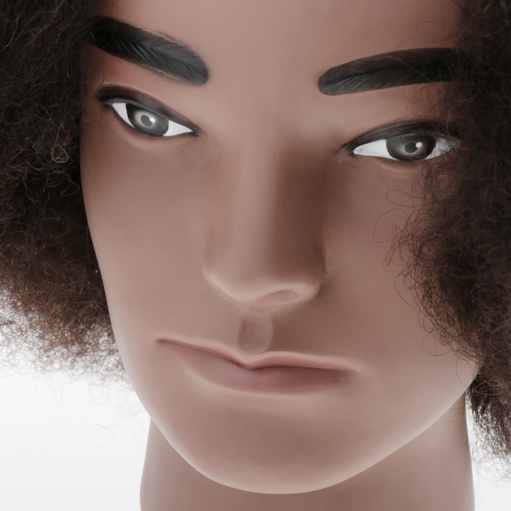 Male Bald Mannequin Head with 100% Human Hair, Curly Wig Display Styling Head, Use in Salon or Home or Travel