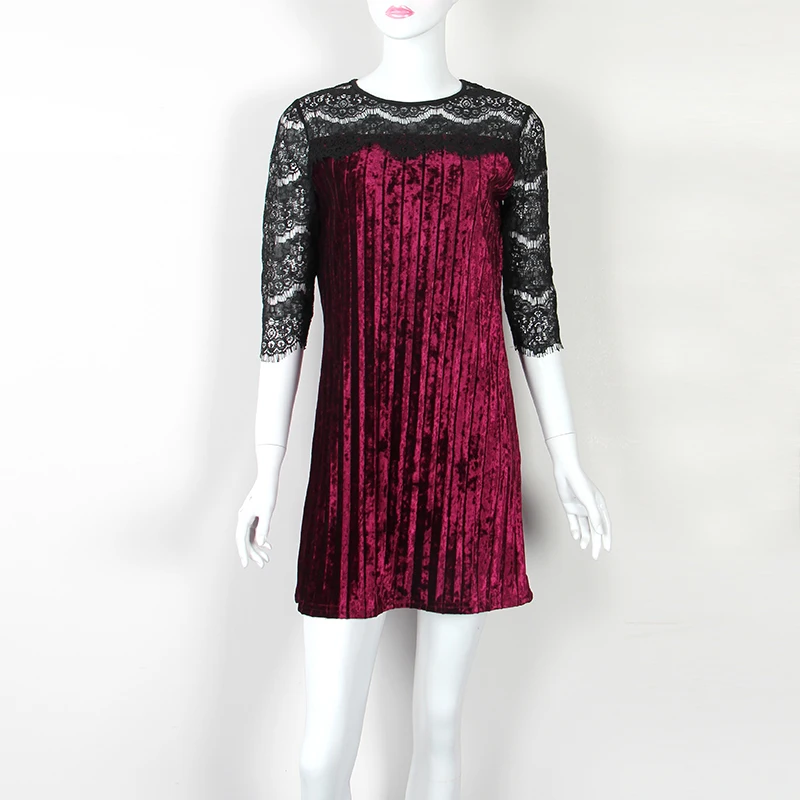 Осенне-весеннее Плиссированное бархатное платье для женщин ТРАПЕЦИЕВИДНОЕ сексуальное кружевное мини-платье в стиле пэчворк женское свободное мягкое велюровое платье уличная одежда GV176