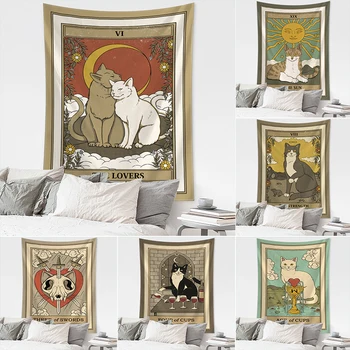 Tapisserie murale suspendue de Tarot de chat de dessin animé, sorcellerie psychédélique mystérieuse, Tapiz Hippie Kawaii, décoration de maison 1
