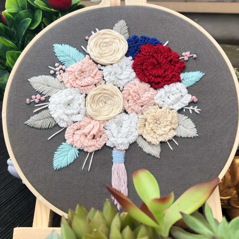 1Pcs DIY Flower Embroidery Kit with Vintage Hoop for Beginner Needlework Floral Cross Stitch Wall Painting Art Home Decor Gift