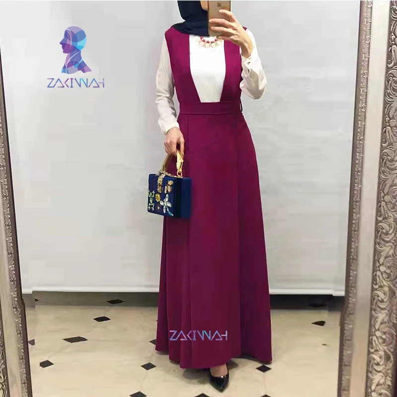 rose red SK9025 модное платье на бретелях, женское платье средней длины, комбинезон с поясом, юбка, элегантное мусульманское платье для отдыха - Цвет: rose red