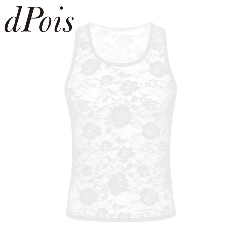 Мужская прозрачная Цветочная кружевная Сексуальная майка, мужской гей Прозрачное нижнее белье SISSY u-образный вырез, без рукавов, облегающий мышцы, футболка Rave, пляжная одежда