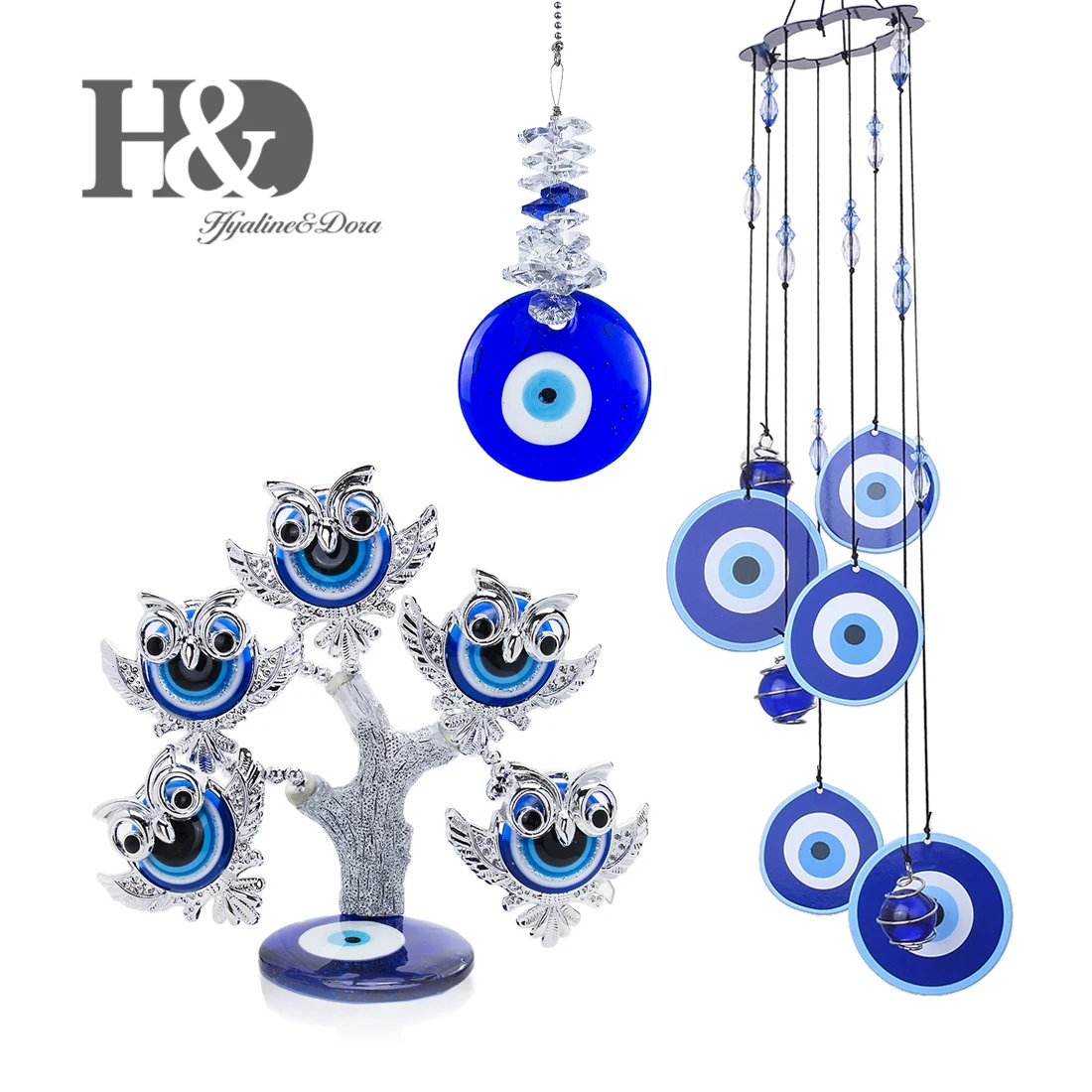 Blue Evil Eye H&D набор из 3 турецких Лаки голубого сглаза дерево Статуэтка колокольчик подвеска защита для денег Фортуна домашний Декор подарок - Цвет: Blue Evil Eye