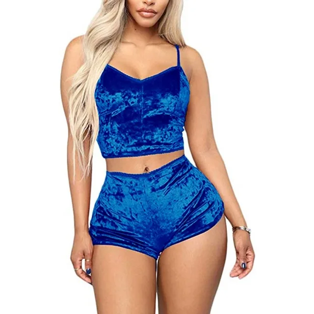 Women 2 piece set Velvet Sleepwear  Spaghetti Strap Shorts Pajama Set Ladies Sleepwear Female Pajama Party Two Piece Set hot