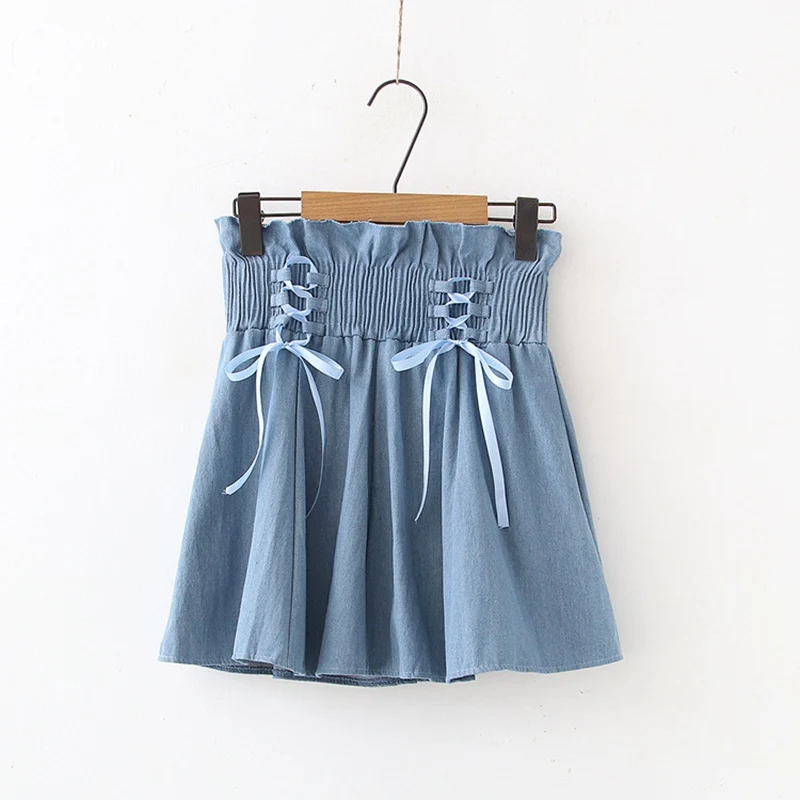 Light Blue Милые осенние Mori для женщин и девушек с высокой талией тонкие джинсовые юбки из денима женская одежда принцесса Лук плиссированные юбки AFC29 - Цвет: Light Blue