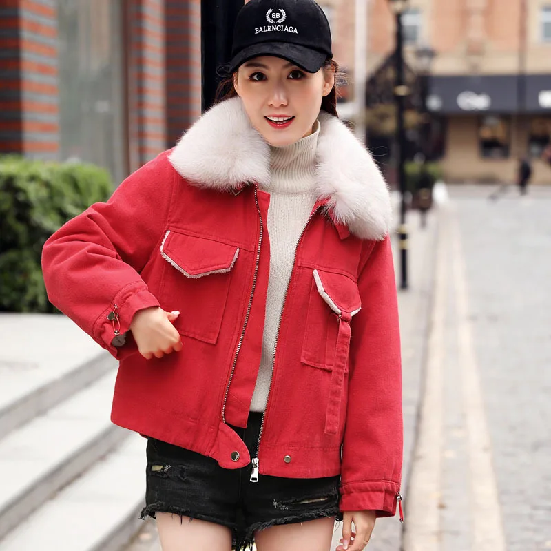 

Winter New Style Korean-style Fox Fur Collar plus Velvet Cowboy Short Jacket-Style Women's Cowboy Cotton-padded Clothes Ysxy5861