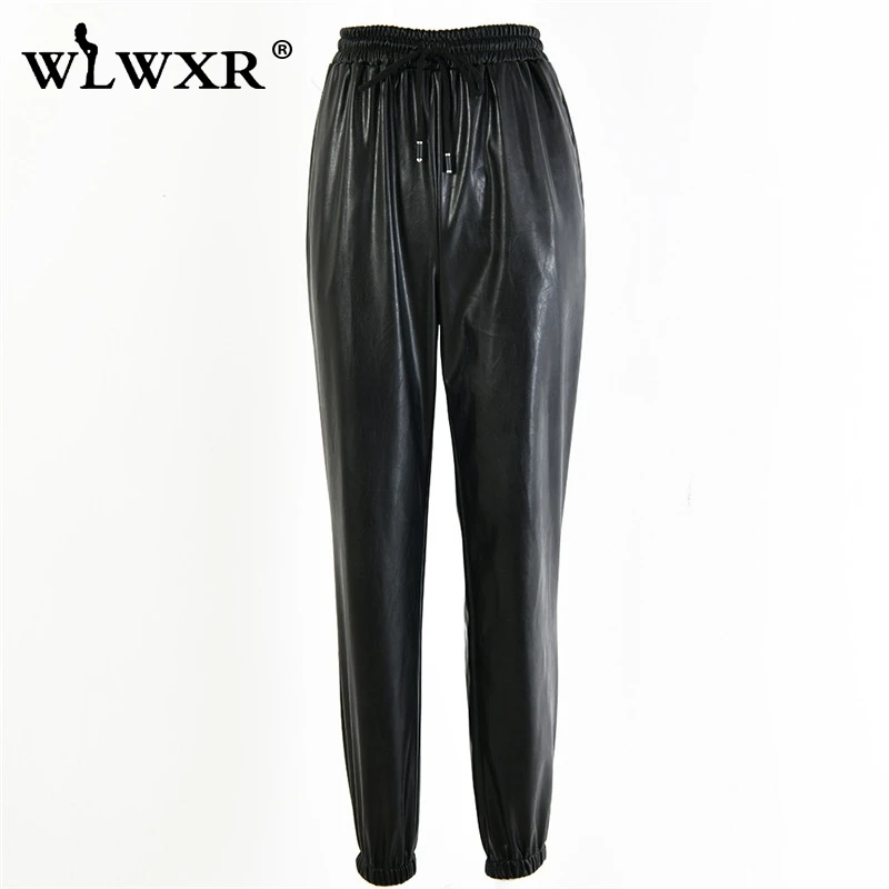 WLWXR повседневные сексуальные брюки из искусственной кожи женские брюки со шнуровкой брюки с высокой талией женские осенние Клубные Вечерние черные штаны бодикон - Цвет: Черный