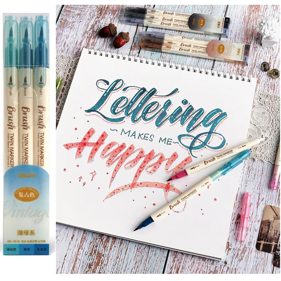 3 uds color Retro rotulador Twin plumas conjunto de cepillo dibujo bien de tinta a base de agua manera obra de arte con acuarela escuela de pintura A6133