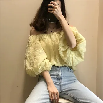 

2020 New Summer Women Shirts Slash Neck Cotton Solid Color Wild Ladies Blouses and Tops Off Shoulder Fashion Women Clothing