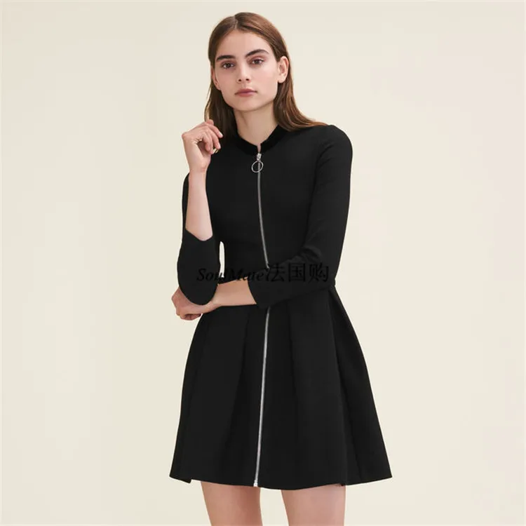 

2019 Autumn New Fashion Temperament Nine-point Sleeves Waist Fold Vertical Collar Dress Zippers O-Neck Black Sexy Dress Women