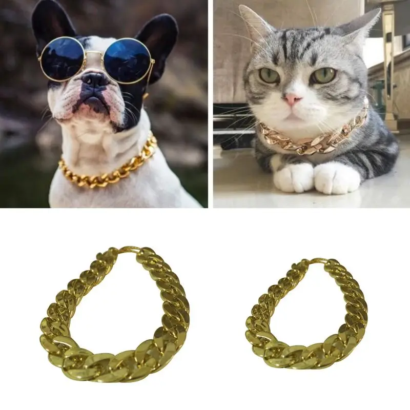 

Fashion Pet Dog Collar Neck Ring Gold Chain Tone Cut Pets Cuban Curb Necklace