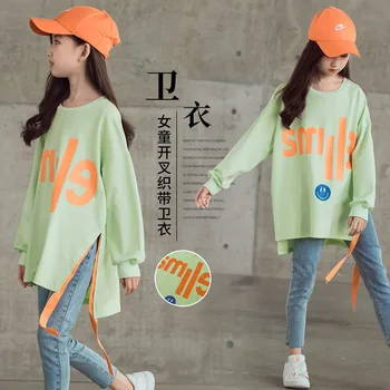 

Teenage Girls Sweatshirts Child Autumn Long Sleeves Cotton Sweatshirts Letter Kids T-shirt Clothes Light Green Color Tops 12 14