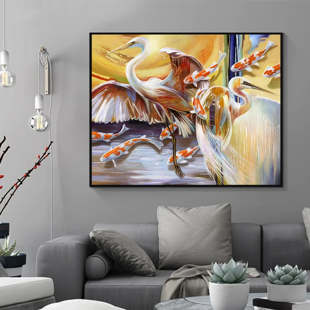 

HDARTISAN Wall Art Painting Stork and Fishes Canvas Picture Animal Print Picture For Living Room Home Decor No Frame