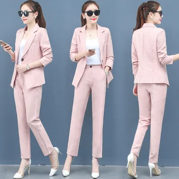 

New Women Solid Suits 2020 Spring Two Pieces Set Notched Single Button Three Quarter Sleeve Blazer Tops And Pant Hote Sale Y452