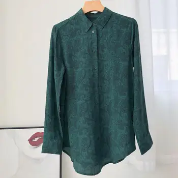 

100% Silk Vintage Green Women Shirts Long Sleeve Casual Business Women's Blouse And Tops