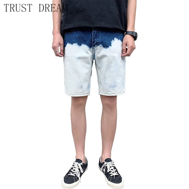 

2020 Designed Cool Men Denim Shorts Slim Panelled Blue White Mens Blend Color Stonewashed Denim Short Male Streetwear Amazing