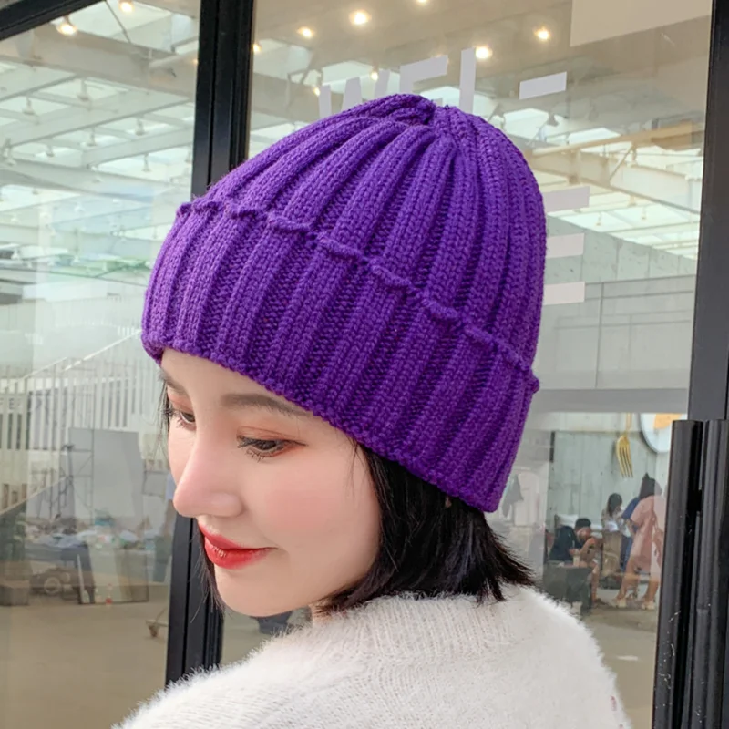 Skullies, одноцветная Зимняя шерстяная вязаная шапка, женская шапка Gorras, повседневная, утолщенная, теплая, женская, мягкая, Балаклава, шапка бини, лыжная - Цвет: purple