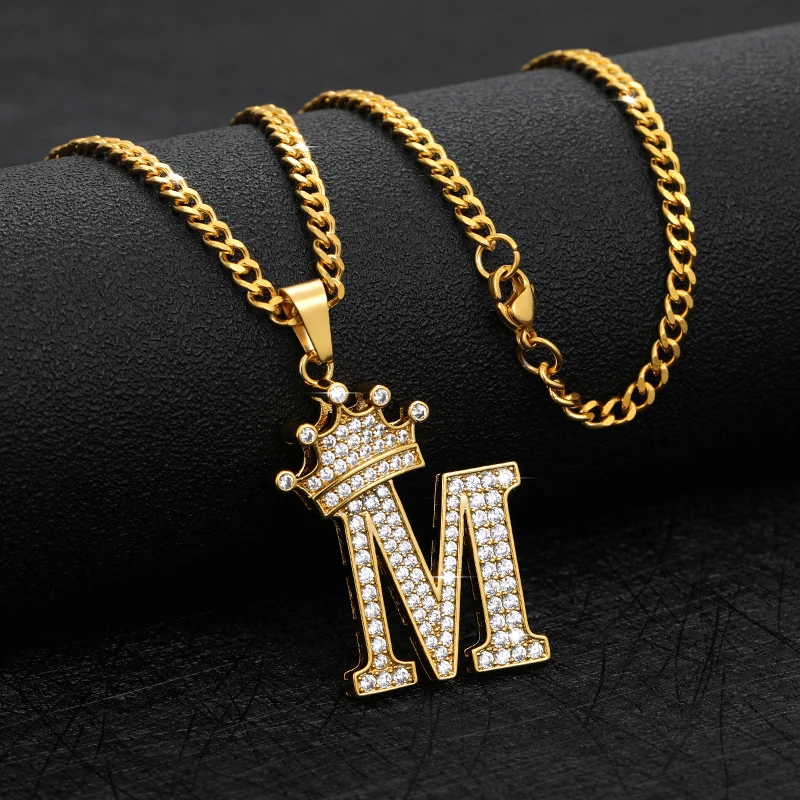 Pendant - Crystal Zircon Alphabet Pendant Necklaces For Women Men Crown Initial Letter Necklace Hip Hop Gold Chain Jewelry