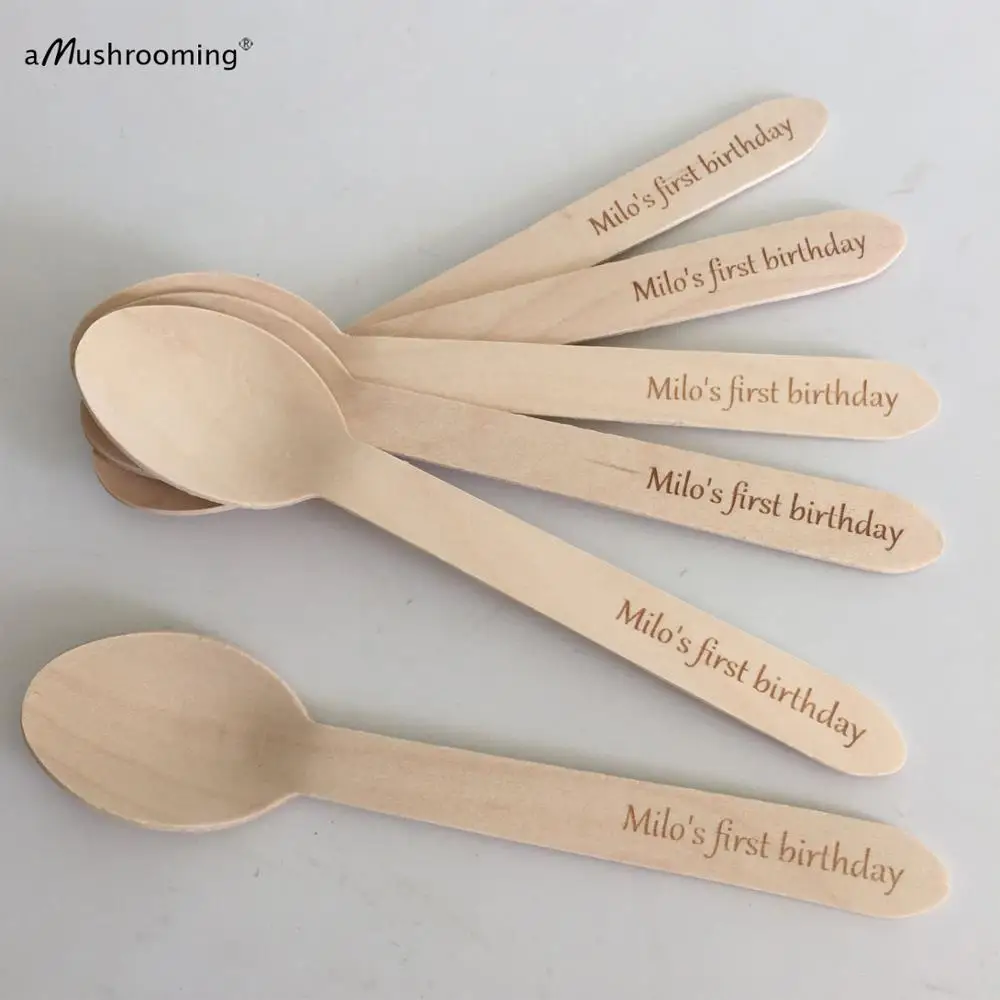 Customized Wood Spoon Engraved Spoons Biodegradable Disposable Dessert Cake Spoons Birthday Cake Dinner Eco-friendly