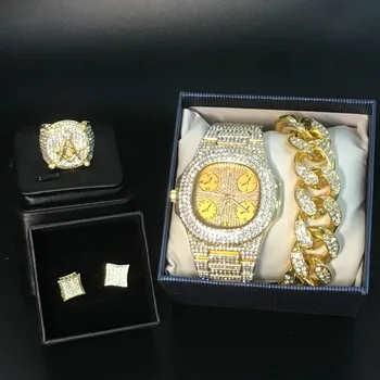 

Luxury Men Gold Color Watch & Bracelet & Ring & Earrings Combo Set Ice Out Cuban In Crystal Necklace Chain Hip Hop For Men