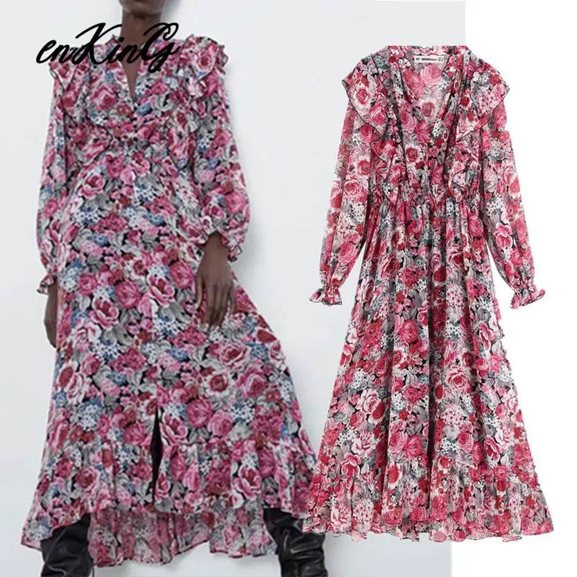 

2019 women elegant floral print midi za dress ruffles elastic waist long sleeve female retro stylish A line dresses vestidos