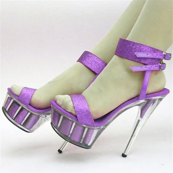 

15cm pole dancing high heels waterproof platform thin heel shoes transparent model walking sandals for women anti-slip