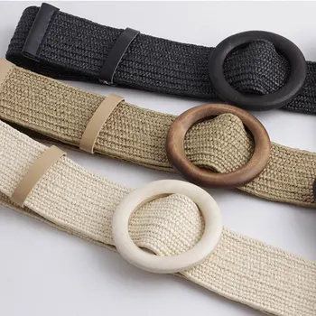 

Vintage Boho Braided Waist Belt Summer Solid Female Belt Round Wooden Smooth Buckle Fake Straw Wide Belts For Women Hot Sale