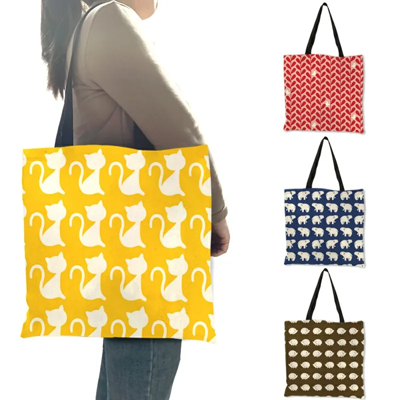 

Creative Geometric Animal Pattern Ladies Handbag Hedgehog Cat Print Yellow Red Brown Shoulder Bags Linen Reusable Daily Tote Bag