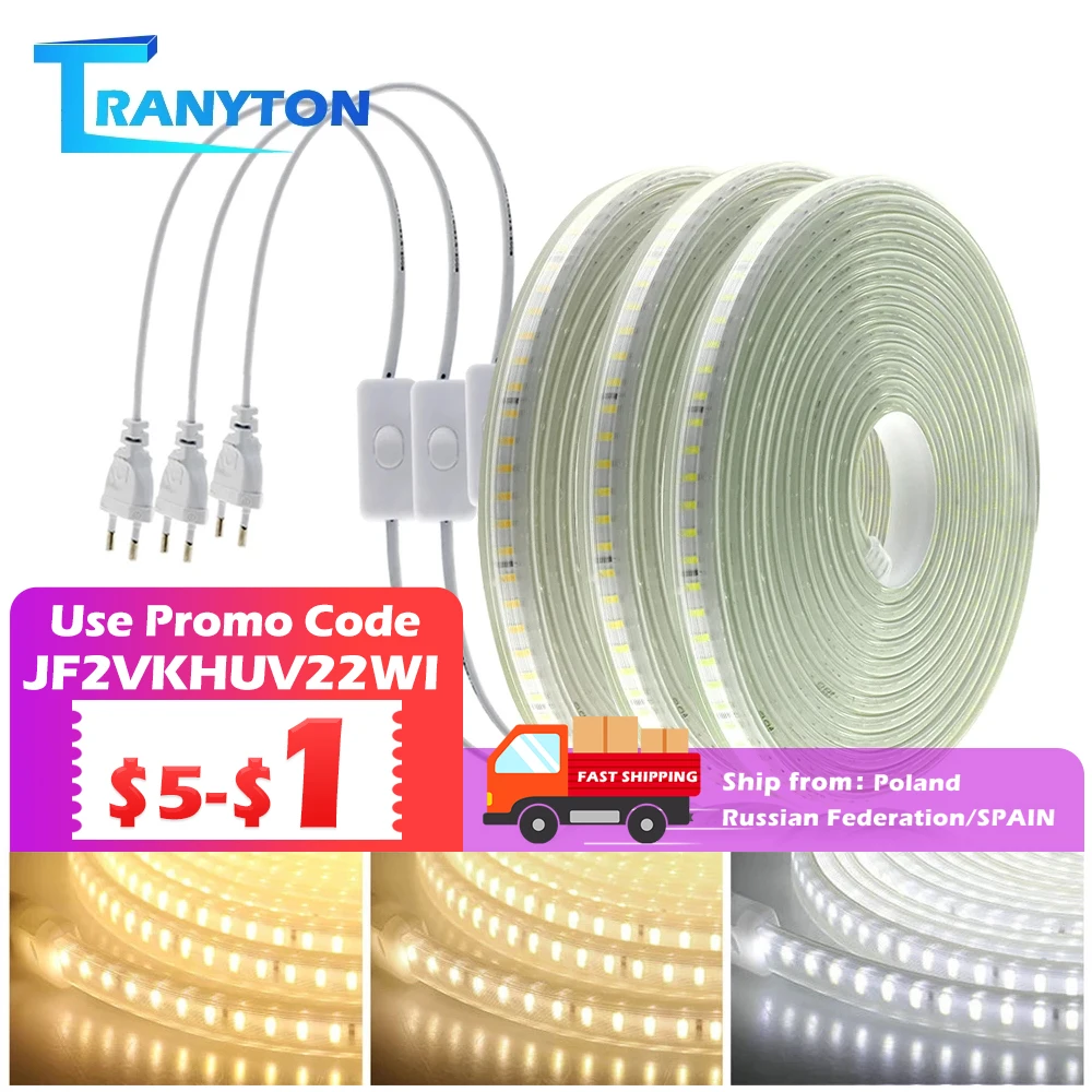 Tira de luces LED de 220V, 120LED, 8W/m, con enchufe europeo e interruptor, Flexible, no deslumbrante, impermeable, cinta LED para uso en exteriores