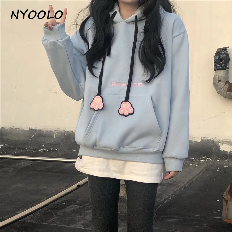 NYOOLO Harajuku стиль милые медвежьи уши свободные толстые теплые толстовки для девочек осень зима длинный рукав с капюшоном Пуловеры Толстовка для женщин