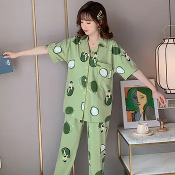 

Green Summer 2PCS Women Pajamas Suit Sweet Fruit Print Sleepwear Turn-down Collar Shirt&Pant Nightwear Cute Cartoon Home Wear