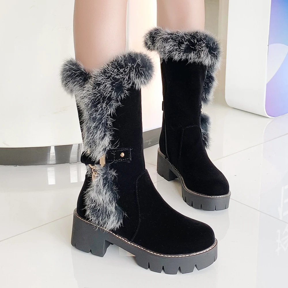 

Women New Winter Block High Heels 5.5CM Warm Plush Ankle Woman Boots Wedges Soft Elastic Snow Boots Size 34-43 F30
